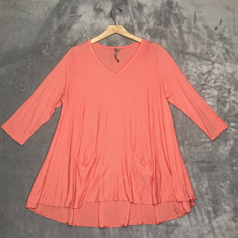 Comfy USA Top Womens Small Orange Stripe V Neck 3/4 Sleeve A Line Pockets AS IS